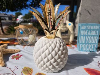 White Ceramic Pineapple Decor with Gold Leaves
