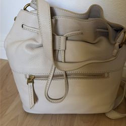 Fossil White Pebbled Leather Drawstring Shoulder Bag with Gold Hardware