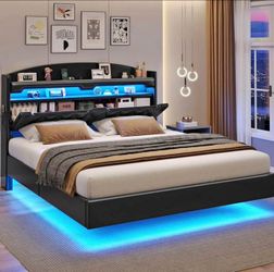 Full Size Floating Bed Frame with Charging Station & LED Light,Floating Platform Bed with Storage He