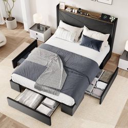 Queen Size Velvet Bed Frame with 3 Storage Drawers, Upholstered Platform Bed with Wingback Storage Headboard and USB Ports, No Box Spring Needed, Easy