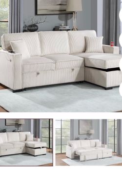 $380 . 2-P Convertible Sectional  Sleeper Sofa W/ Cupholder Sofa Storage & USB Ports  89”x 59”X36”H