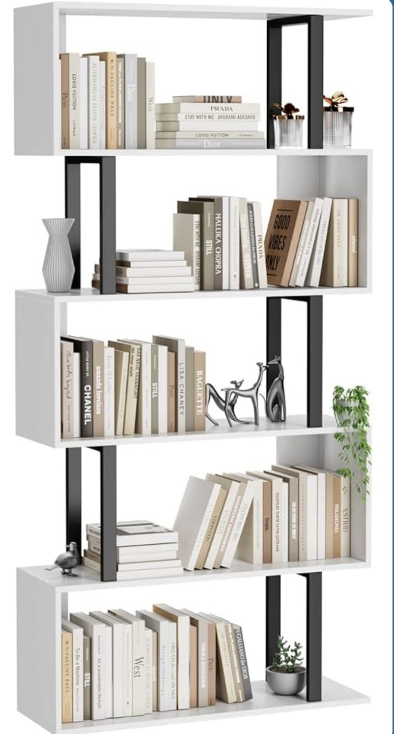 Modern 5 Tier S Shaped Geometric Bookcase, Freestanding Wood White