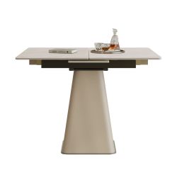 Retractable Rock Slab Folding Dining Table, Modern Square Expandable Table with Leather-Wrapped Stainless Steel Base, Dual-Purpose Space Saving Kitche