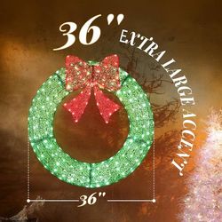 🥨36 " Pre-Lit Outdoor Christmas Lighted Decoration – 3D Mesh Wreath Design with 130 Colorful Lights, Holiday Yard Decor for Garden, Porch, and Festiv