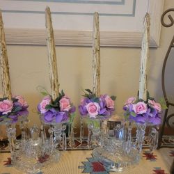 Beautiful Crystal Candle Holders with floral decor & wooden candles! 