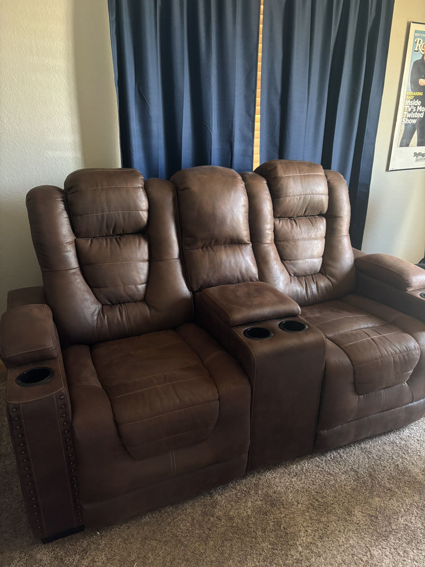 Dual Recliner Loveseat – Faux Leather, Reclining Headrests, Cup Holders & Center Console