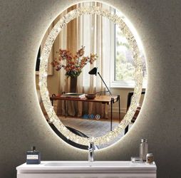 Crystal Oval Vanity Mirror with Lights 20 x 30 inch Crystal Oval Lighted Mirror for Bathroom Wall Light up LED Ovals Mirrors with Diamond Front Light 