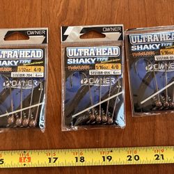 3 Pks Owner 4/0 Twist Lock Ultra head, Shaky Head Bass Hooks, Plastic Worm Bass Fishing Lure Heads, New