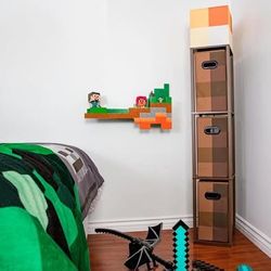 Minecraft Brownstone Torch 5-Foot Standing Floor Lamp and Storage Unit Shelves Includes 3 Cube Storage Bins