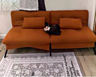Convertible Futon Sofa Bed — Camel, Reclines Flat
