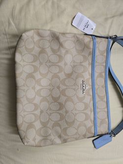 New Coach Signature Zip File Crossbody Purse Khaki & Blue