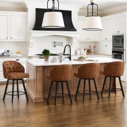 26 in. Brown Faux Leather Metal Frame Upholstered Counter Height Swivel Bar Stools with Bronze Rivets (Set of 4)