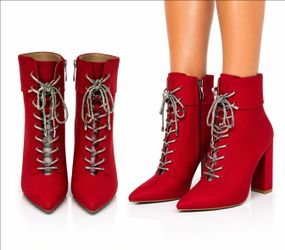 Red Glitter Lace-Up Ankle Boots – Elegant Statement Footwear