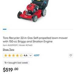 Toro 22” Recycler Gas Self Propelled Lawnmower 