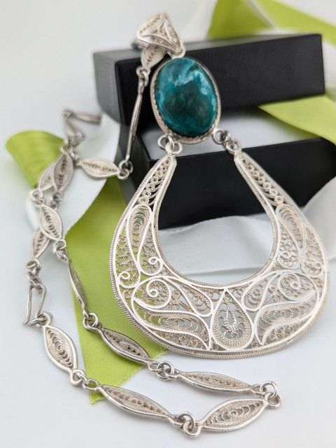 925 STERLING SILVER Large Israeli Filigree Eilat Stone Pendant Necklace