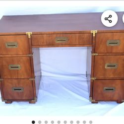 Henredon Walnut Campaign Desk – Solid Wood + Brass Hardware (Vintage)