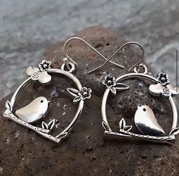 Silver Bird and Flower Dangle Earrings