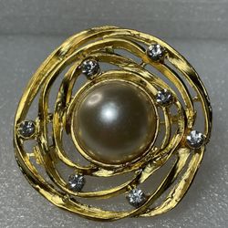 Gold Tone Faux Pearl & Rhinestone Brooch
