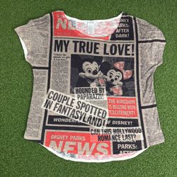 Disney Parks Mickey Minnie Newspaper True Love Print Women's T Shirt AOP Size XL