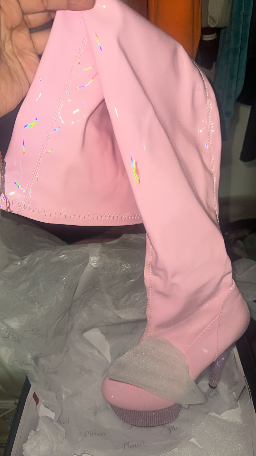 Pink Rhinestone Thigh High Boots