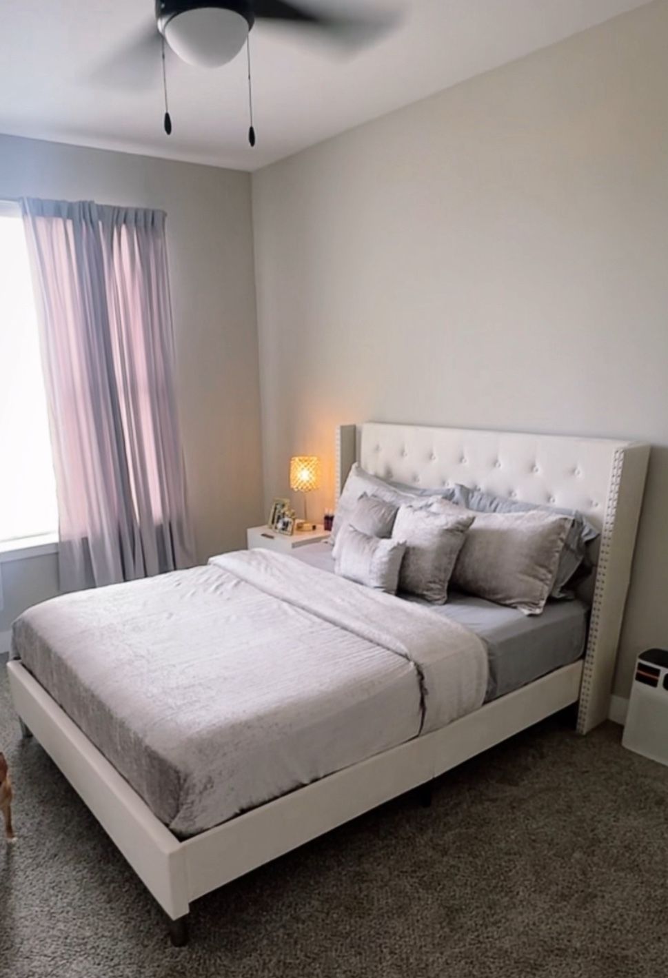 Beige queen size platform bed frame with Mattress 