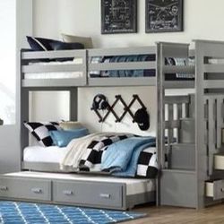 Brand New Gray Wood Twin/Twin Bunk Bed with Storage Staircase and Trundle