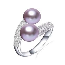 Natural Freshwater Double Purple Pearl Ring  Adjustable 