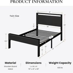 14 Inch Twin Size Metal Platform Bed Frame with Wooden Headboard and Footboard, Mattress Foundation, No Box Spring Needed, Large Under Bed Storage, He