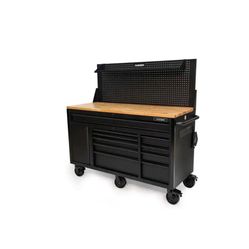 61 in. W x 26 in. D Heavy Duty 10-Drawer 1-Door Mobile Workbench with Hardwood Top, Pegboard and Shelf in Matte Black