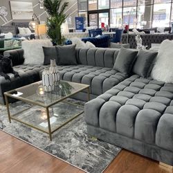 New Grey Velvet Sectional Double Chaise 