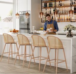 4pc Swivel Rattan Barstools, 26in Counter Height Barstools Faux Leather seat For Kitchen Set Of 4