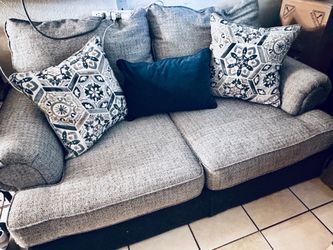 Blue Grey Upholstered Loveseat with Pillows
