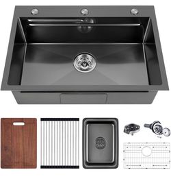 FRANIC 26" Handmade Black Bar Workstation Sink, 26" x 18" x 8" Stainless Steel Matte Nano Black Topmount Single Bowl Small Kitchen Outdoor Sink