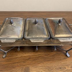 Vintage Silver-Plated Triple Chafing Dish Buffet Warmer – 3 Glass Inserts & Burners
