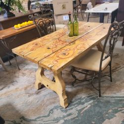 Tuscan Style Wood Trestle Dining Table with Hand-Painted Top