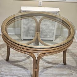 MCM Pencil Reed Rattan Wicker Dining Table With Leather Accents And Tempered Glass Top