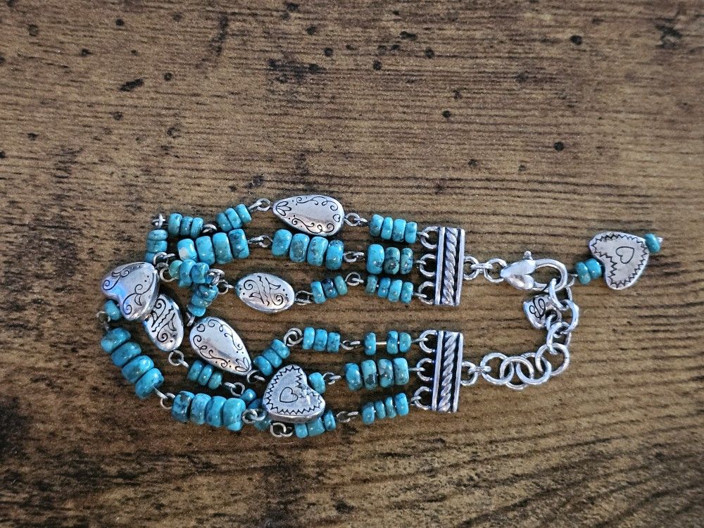 Vintage Turquoise Heart Triple Strand Bracelet, Brighton, Adjustable, Hopi Dreams Collection