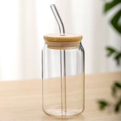 Glass Can Cup with Bamboo Lid, Glass Straw and cleaning brush