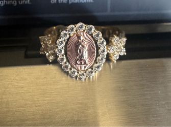 Virgin Mary Gold-Tone 14k Gold Ring with CZ Stones