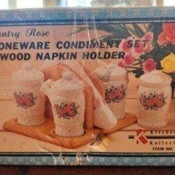 Country Rose 🌹 Stoneware Condiment Set With Wood Napkin Holder