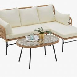 Sectional Wicker Conversation Sofa Set, 3 Piece Patio Furniture Set with Thick Cushions and Toughened Glass Coffee Table