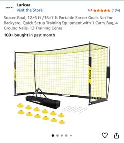 Soccer Goal, 12×6 ft /16×7 ft Portable Soccer Goals Net for Backyard, Quick Setup Training Equipment with 1 Carry Bag, 4 Ground Nails, 12 Training Con