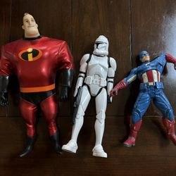3 Action Figures Mr. Incredible Star Wars Clone Trooper Captain America 12 Inch