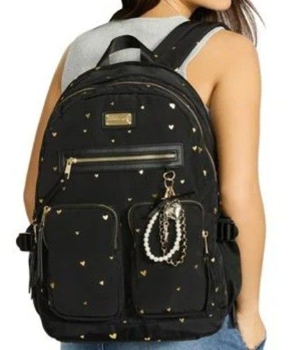 Madden Girl Kylie Dome Backpack. Black w/ GOLD Hearts.