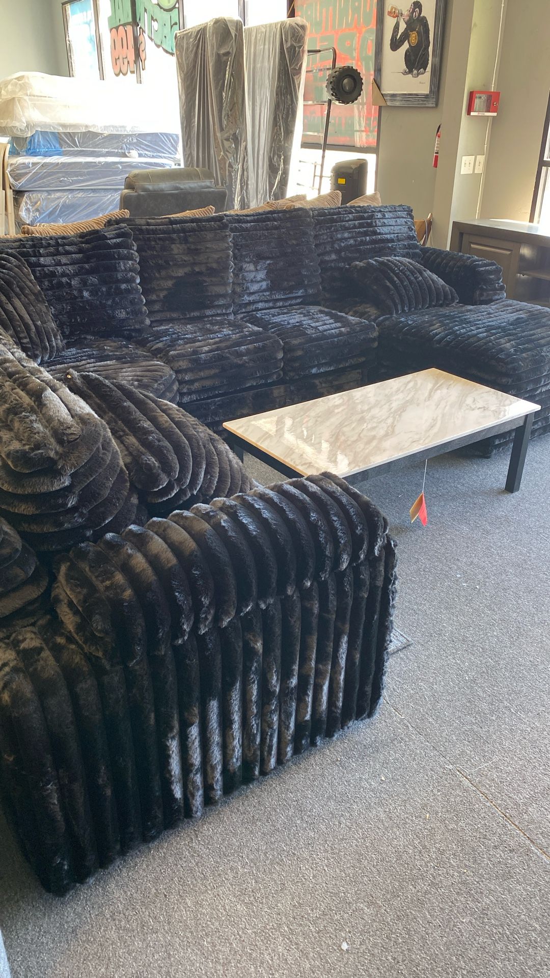 Black Super plush Fuzzy Thick cord Sectional New Both Side Chaise Available For the Weekend