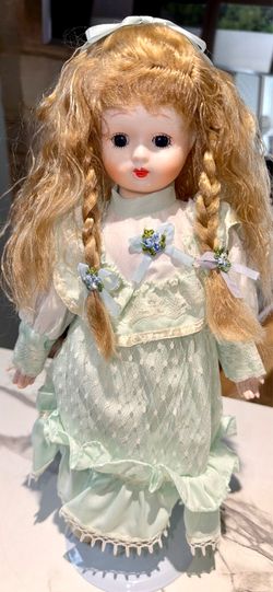 Porcelain Doll Collector-16” Blonde & Dark Blue Eyes-Metal Stand-Custom Plastic Cover!