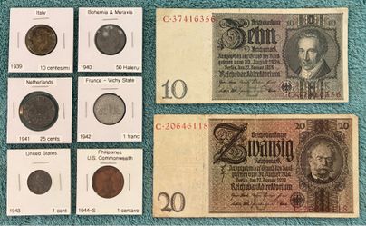 World War 2 Era Currency — Collection of 8 World Coins & Banknotes