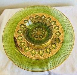 Vintage culver Valencia platter and bowl green and gold