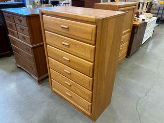 STANLEY Red Oak 6 Drawer Tallboy Dresser with Wooden Finger Pulls