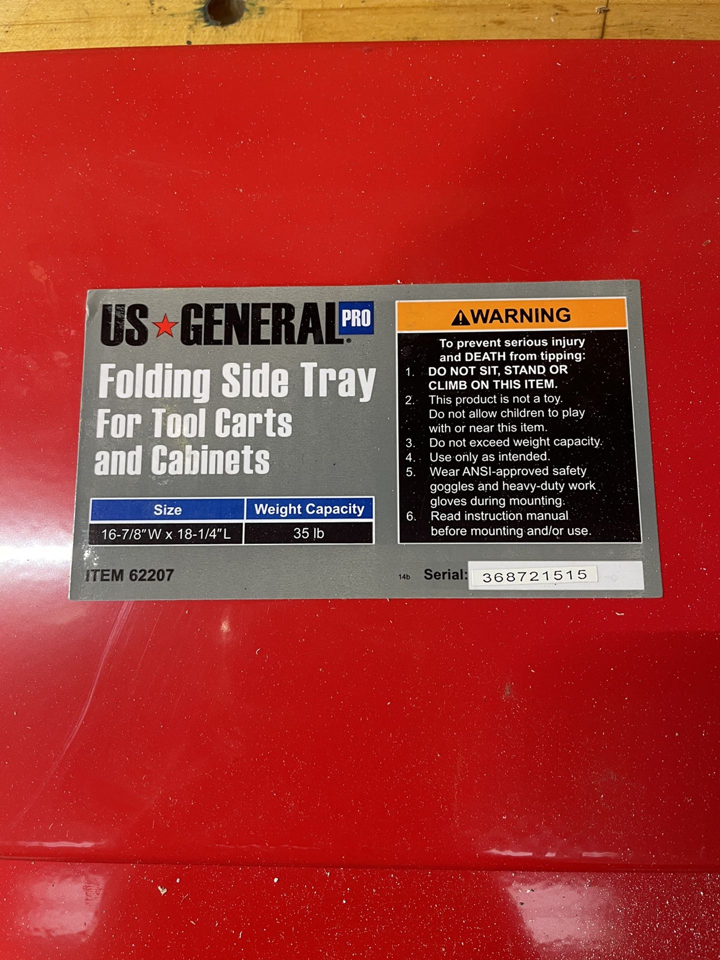 US General Folding Side Tray For Toolbox
